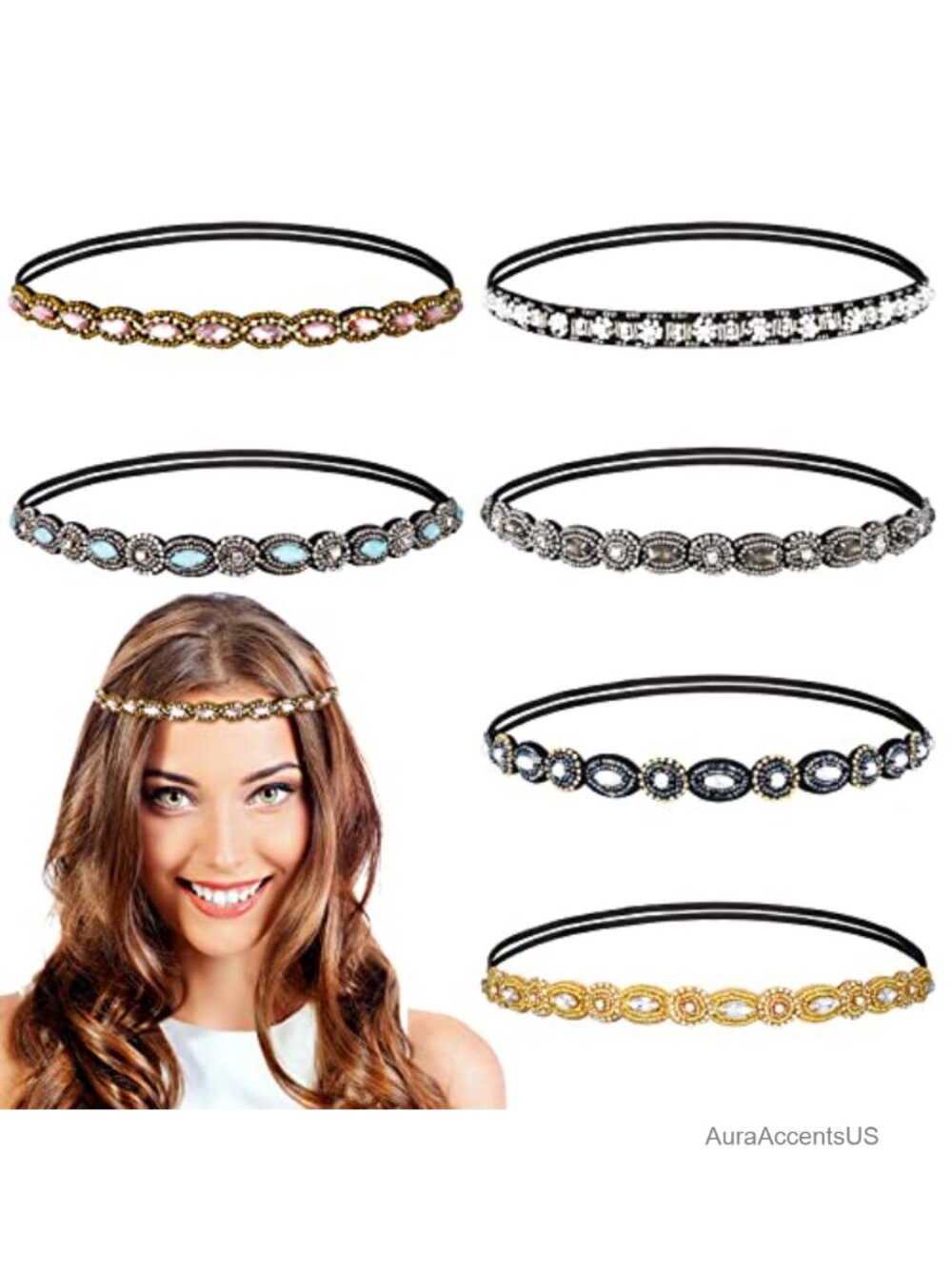 6 Pack Rhinestone Headbands Crystal Beaded Elastic Hair Accessories Women